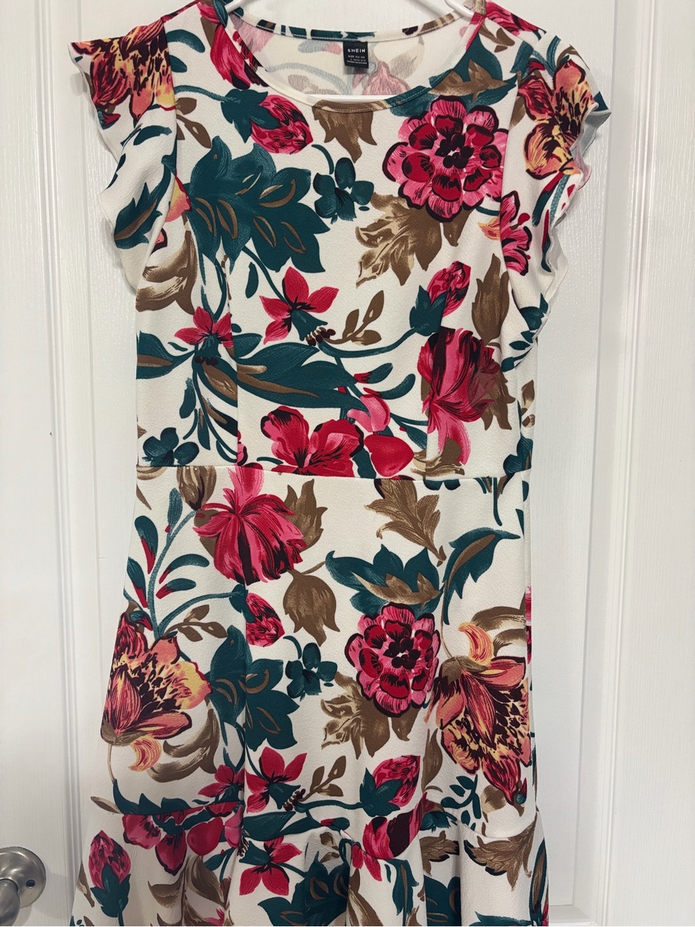 Nine West Ivory Midi Dress with Pink & Teal Floral Print